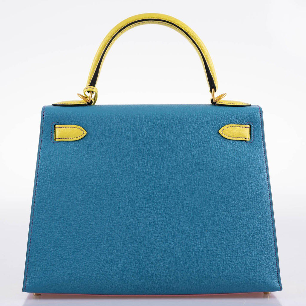 Hermes HSS Kelly 28 Sellier Tri-Color Rose Confetti, Lime & Blue Aztec Chevre with Brushed Gold Hardware