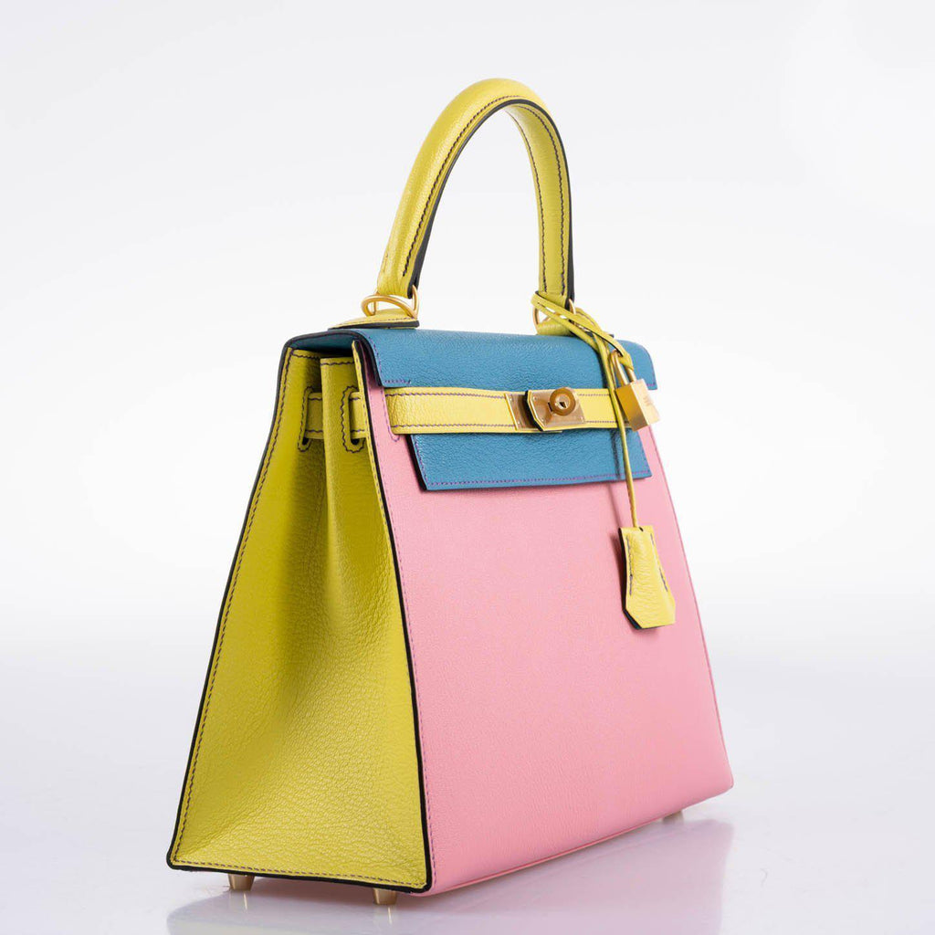 Hermes HSS Kelly 28 Sellier Tri-Color Rose Confetti, Lime & Blue Aztec Chevre with Brushed Gold Hardware