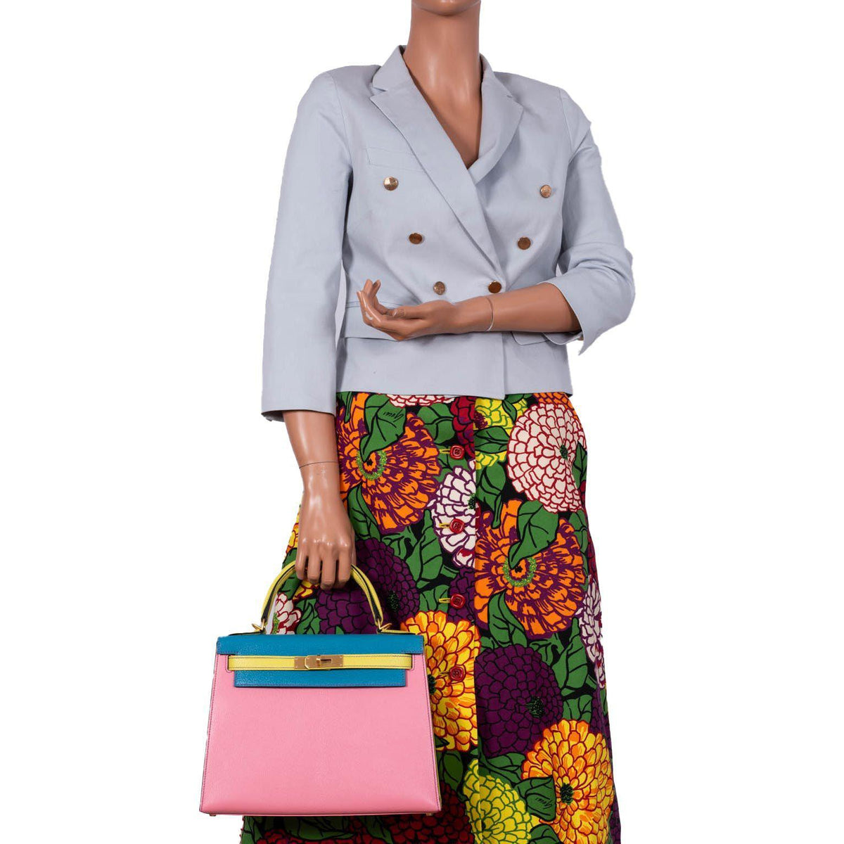 Hermes HSS Kelly 28 Sellier Tri-Color Rose Confetti, Lime & Blue Aztec Chevre with Brushed Gold Hardware