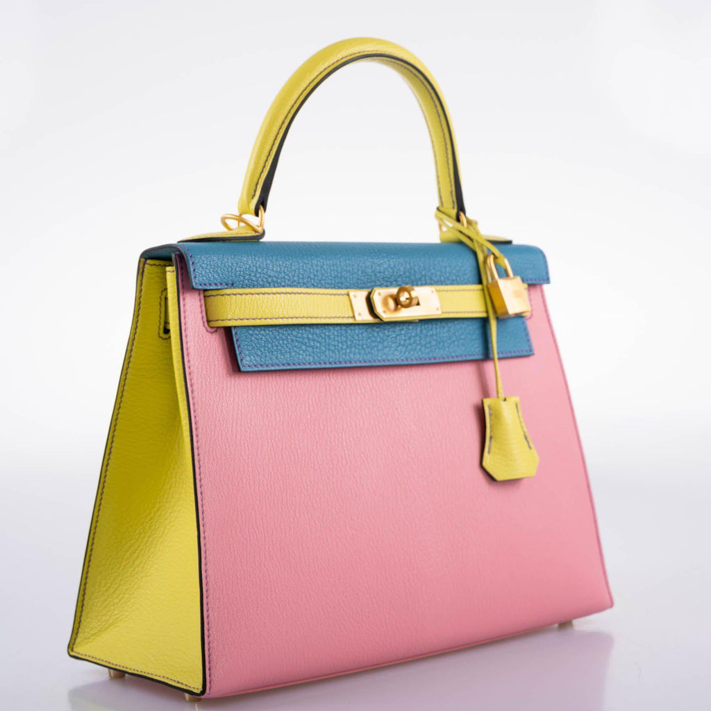 Hermes HSS Kelly 28 Sellier Tri-Color Rose Confetti, Lime & Blue Aztec Chevre with Brushed Gold Hardware