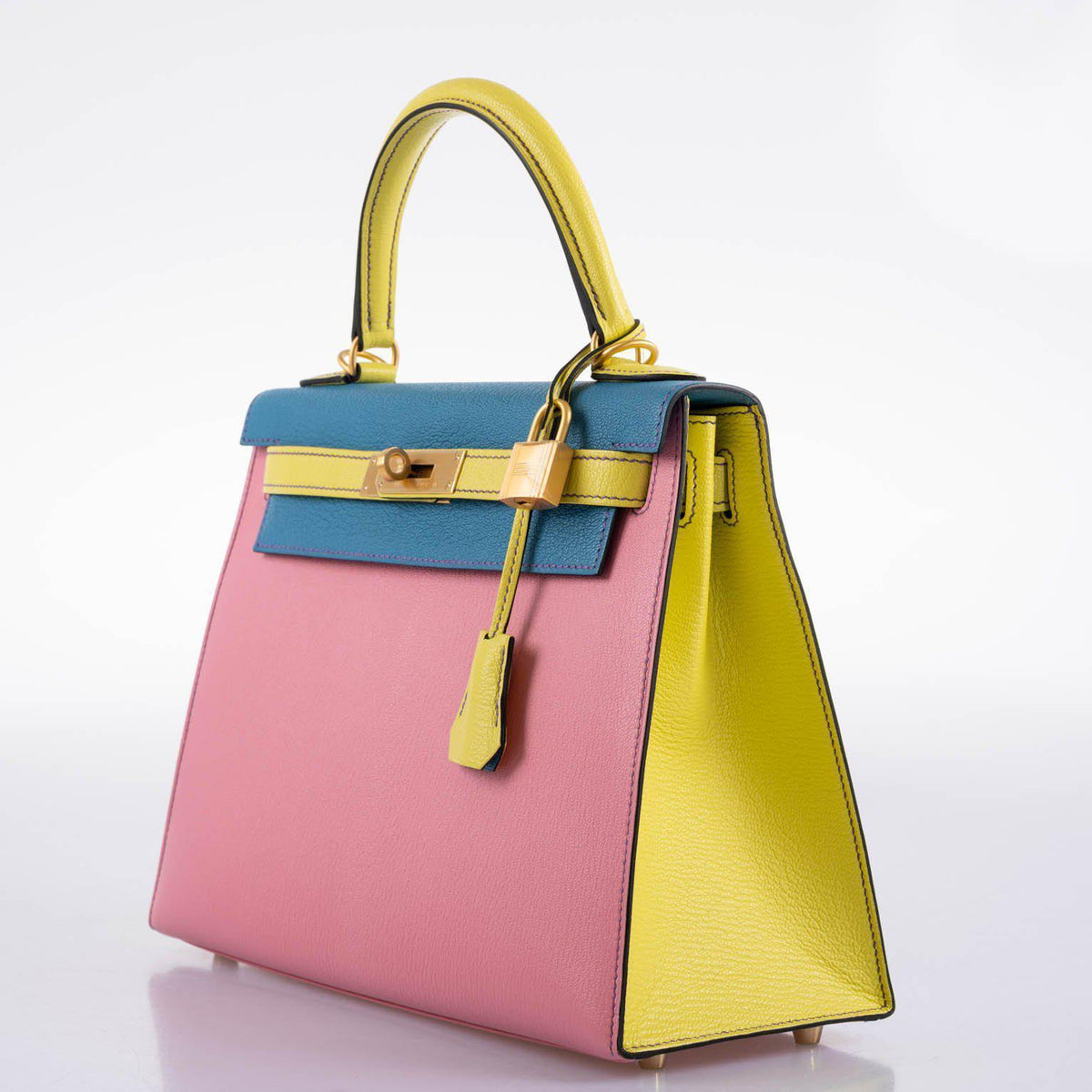 Hermes HSS Kelly 28 Sellier Tri-Color Rose Confetti, Lime & Blue Aztec Chevre with Brushed Gold Hardware