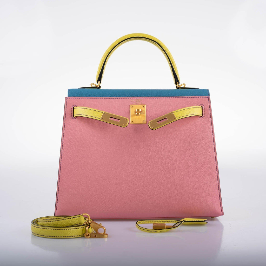 Hermes HSS Kelly 28 Sellier Tri-Color Rose Confetti, Lime & Blue Aztec Chevre with Brushed Gold Hardware
