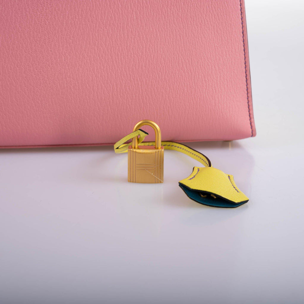 Hermes HSS Kelly 28 Sellier Tri-Color Rose Confetti, Lime & Blue Aztec Chevre with Brushed Gold Hardware