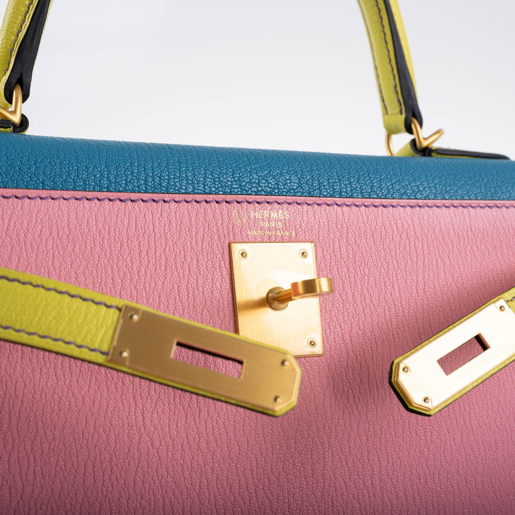 Hermes HSS Kelly 28 Sellier Tri-Color Rose Confetti, Lime & Blue Aztec Chevre with Brushed Gold Hardware