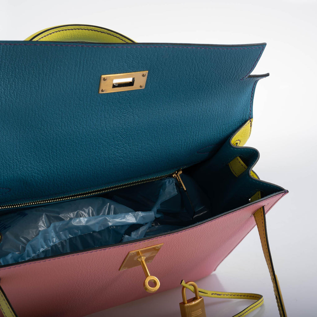 Hermes HSS Kelly 28 Sellier Tri-Color Rose Confetti, Lime & Blue Aztec Chevre with Brushed Gold Hardware