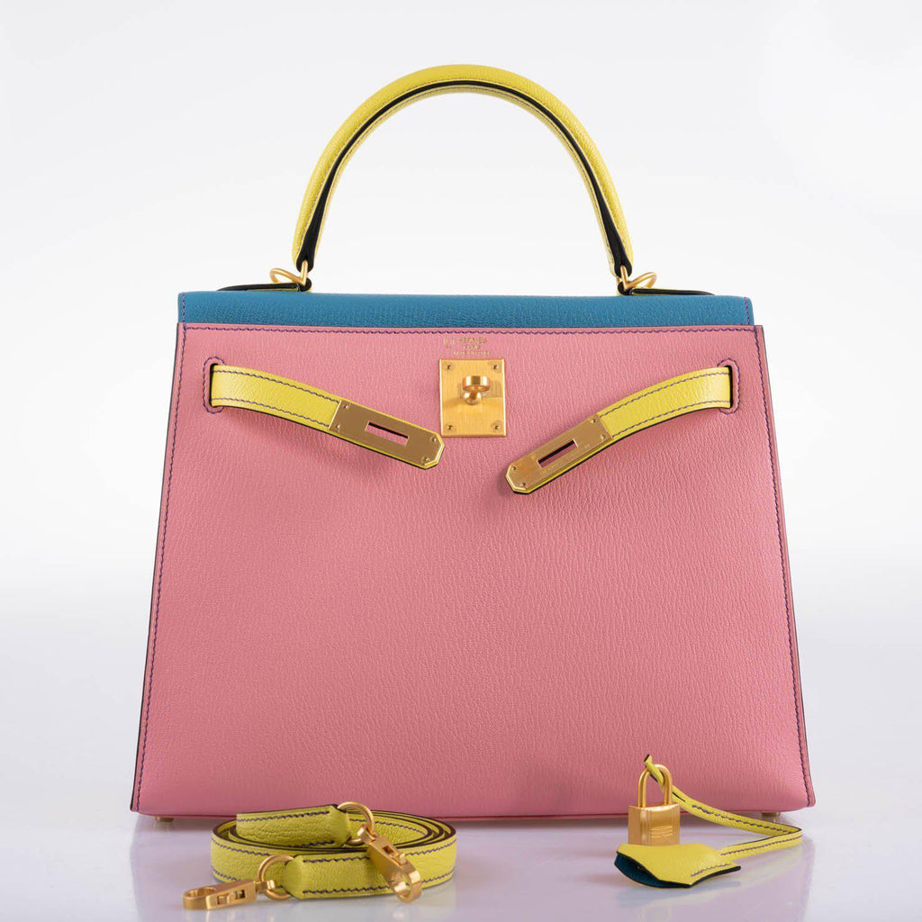 Hermes HSS Kelly 28 Sellier Tri-Color Rose Confetti, Lime & Blue Aztec Chevre with Brushed Gold Hardware
