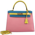 Hermes HSS Kelly 28 Sellier Tri-Color Rose Confetti, Lime & Blue Aztec Chevre with Brushed Gold Hardware