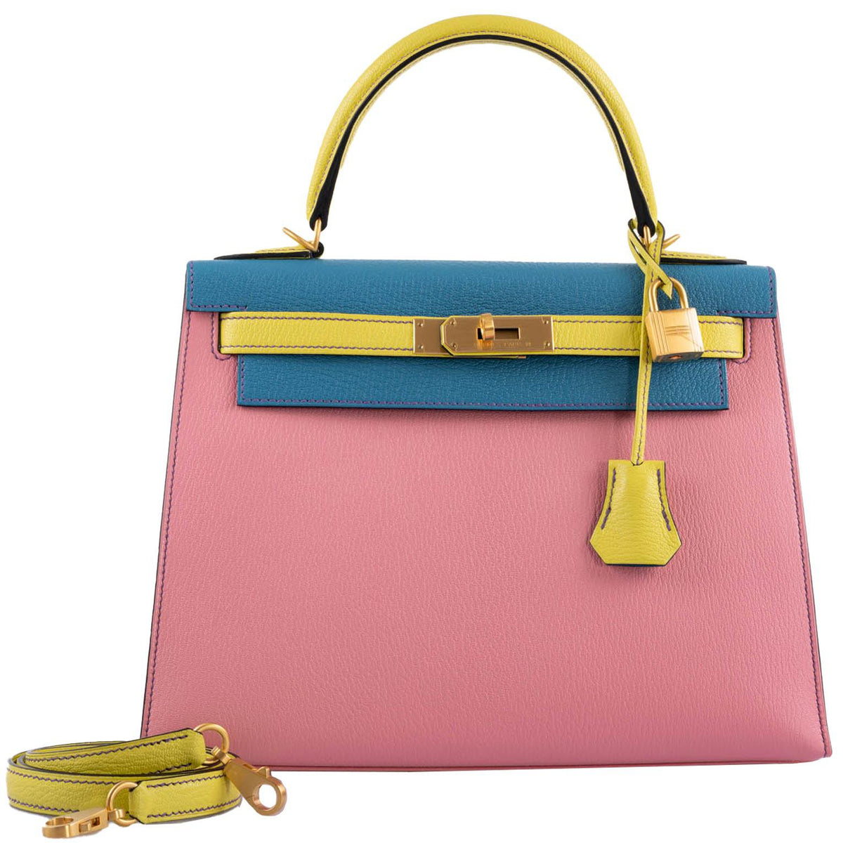 Hermes HSS Kelly 28 Sellier Tri-Color Rose Confetti, Lime & Blue Aztec Chevre with Brushed Gold Hardware