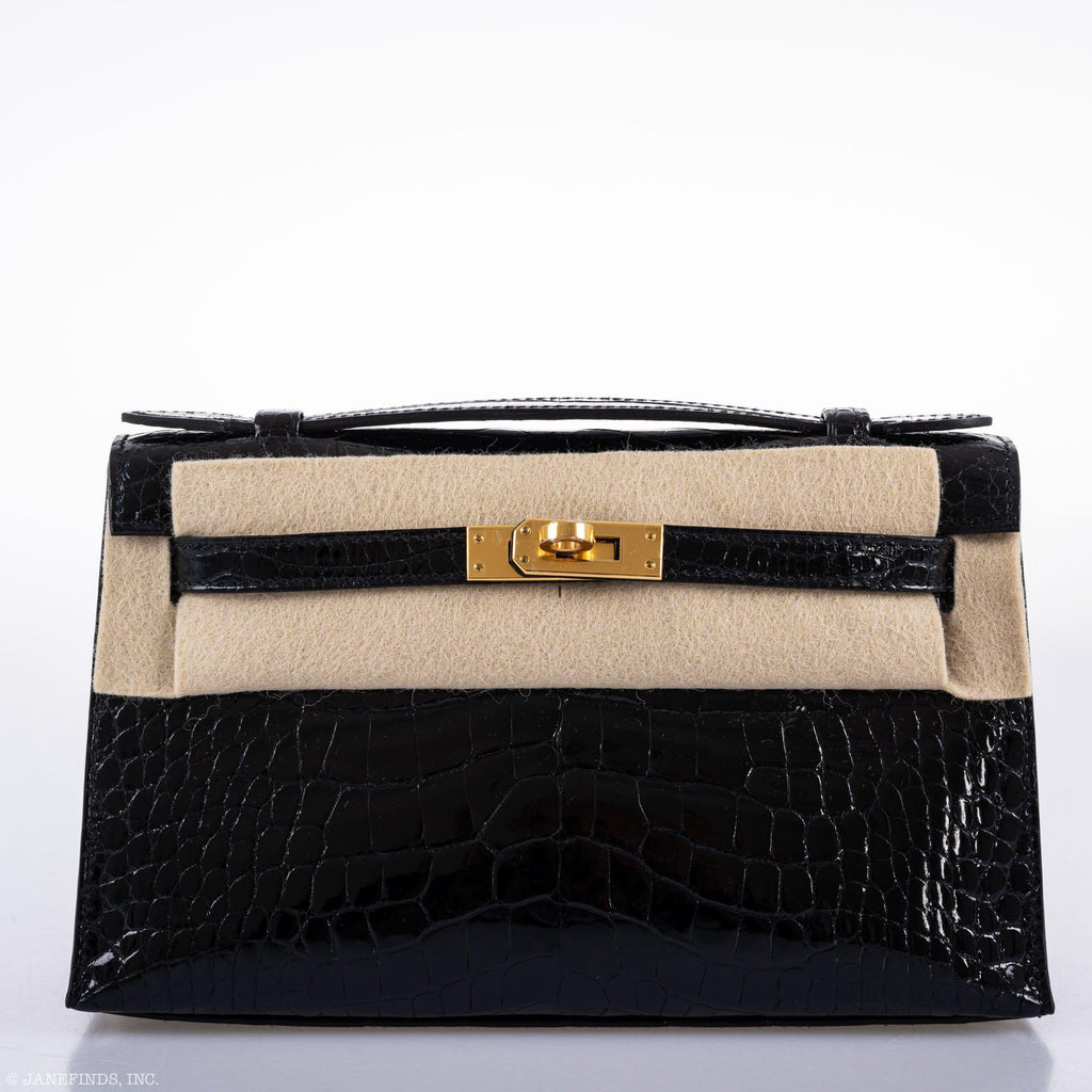 Hermes JPG Kelly Pochette Black Alligator with Gold Hardware