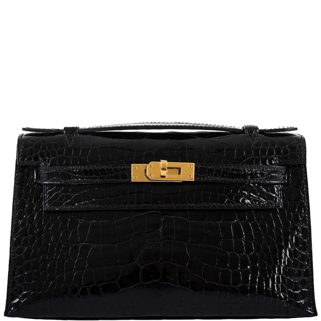 Hermes JPG Kelly Pochette Black Alligator with Gold Hardware