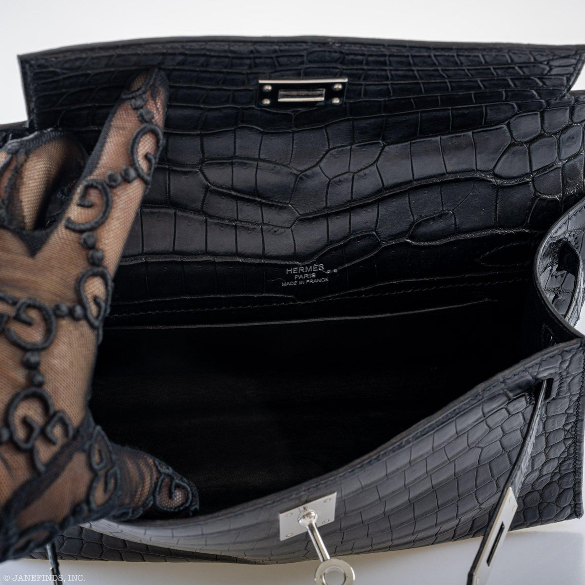 Hermes JPG Kelly Pochette Black Matte Niloticus Crocodile Palladium Hardware