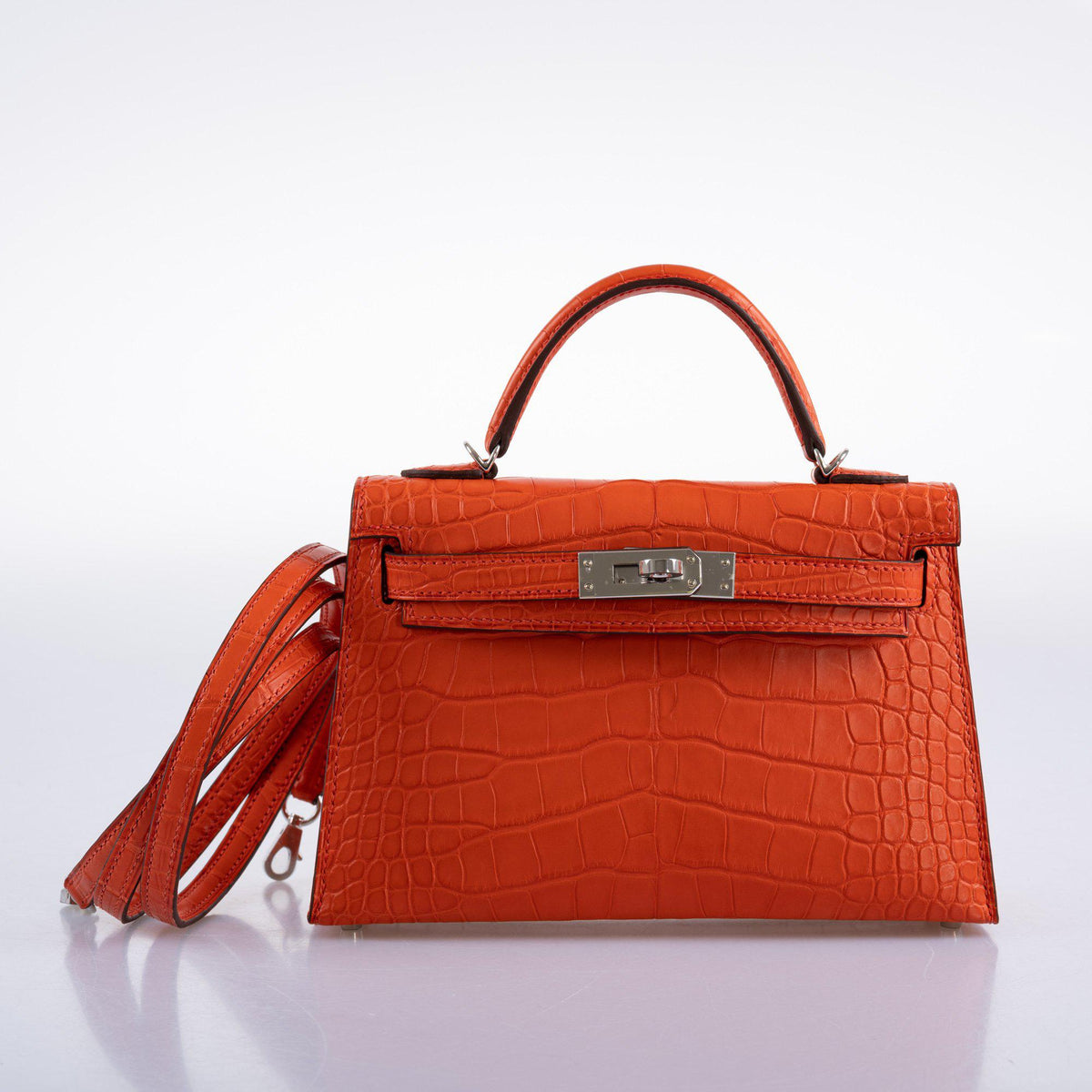 Hermes Kelly 20 Mini II Poppy Matte Alligator Palladium Hardware