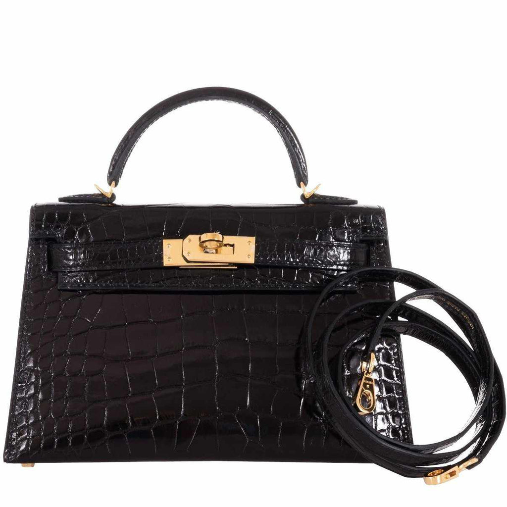 Hermes Kelly 20 Mini II Sellier Black Alligator with Gold Hardware