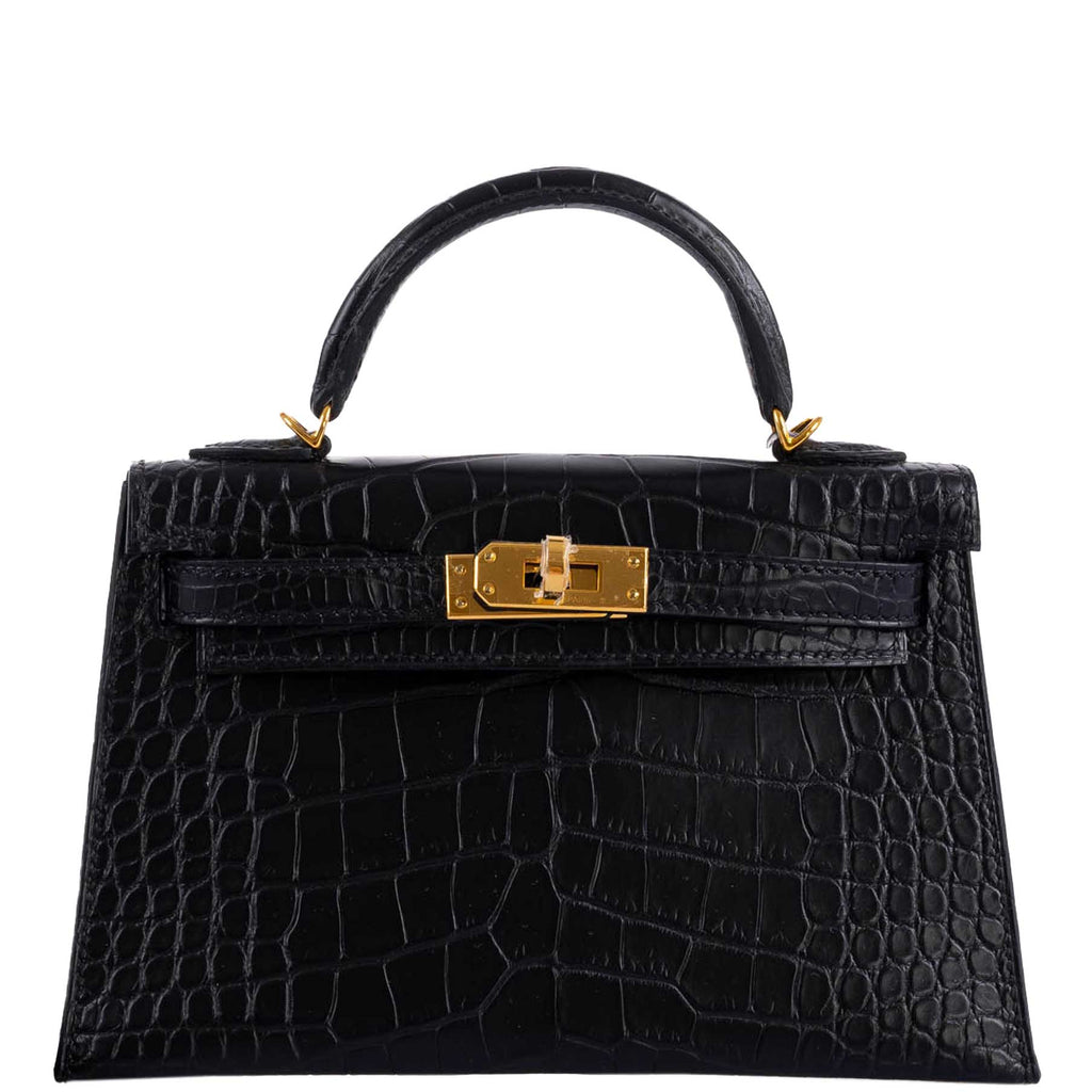 Hermes Kelly 20 Mini II Sellier Black Matte Alligator Gold Hardware