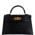 Hermes Kelly 20 Mini II Sellier Black Matte Alligator Gold Hardware
