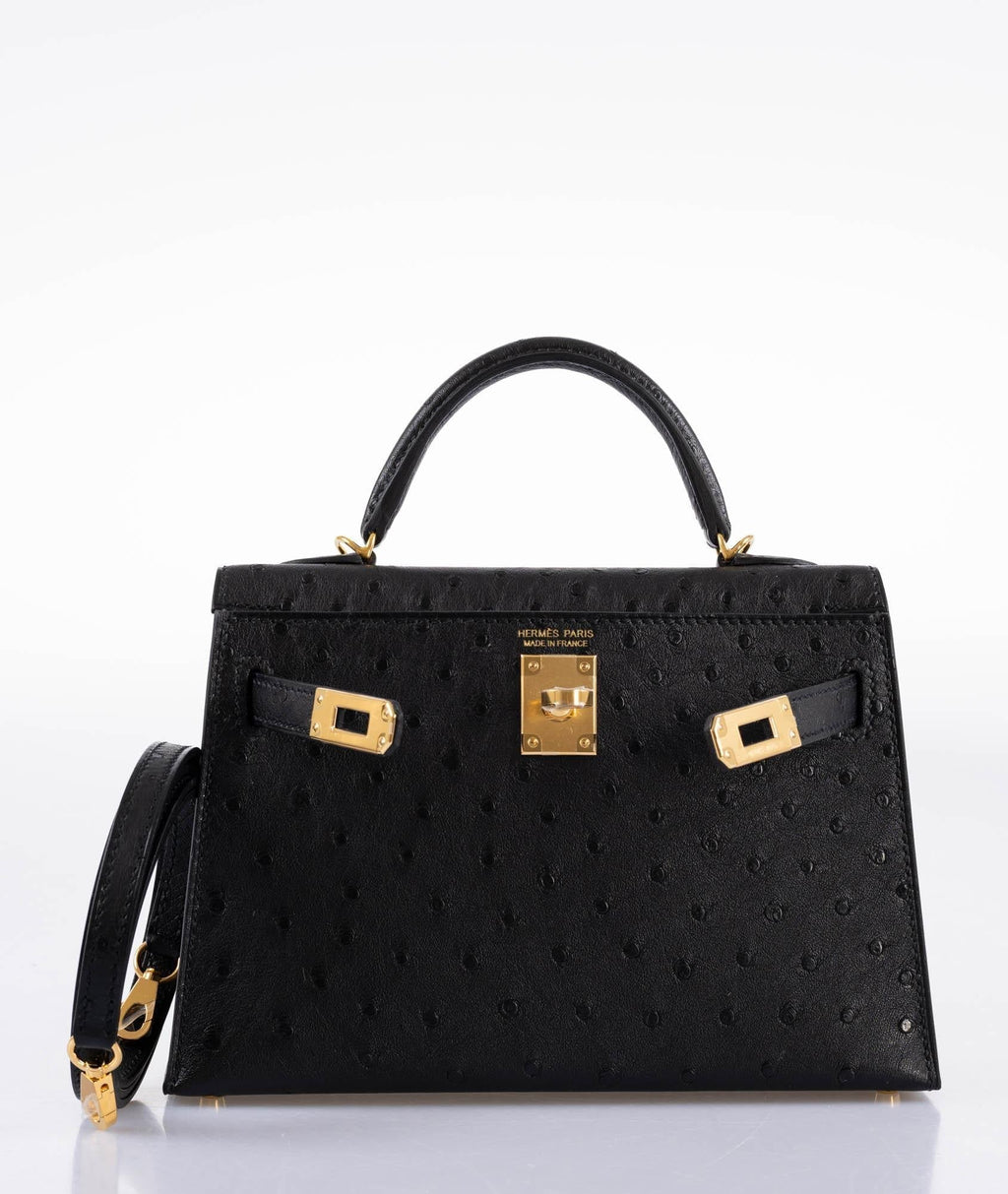 Hermes Kelly 20 Mini II Sellier Black Ostrich Gold Hardware
