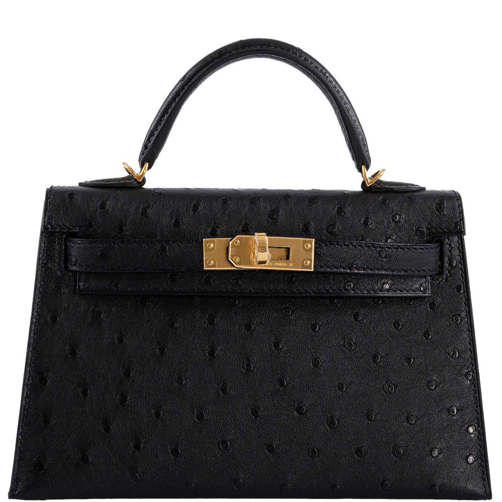 Hermes Kelly 20 Mini II Sellier Black Ostrich Gold Hardware