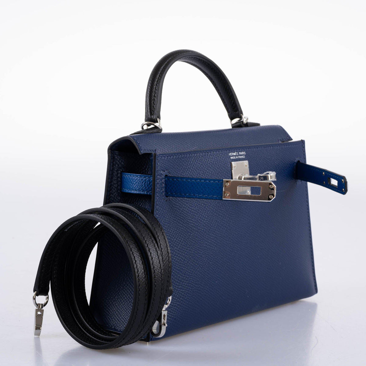 Hermes Kelly 20 Mini II Sellier Bleu Sapphire, Bleu France, Noire Epsom Palladium Hardware