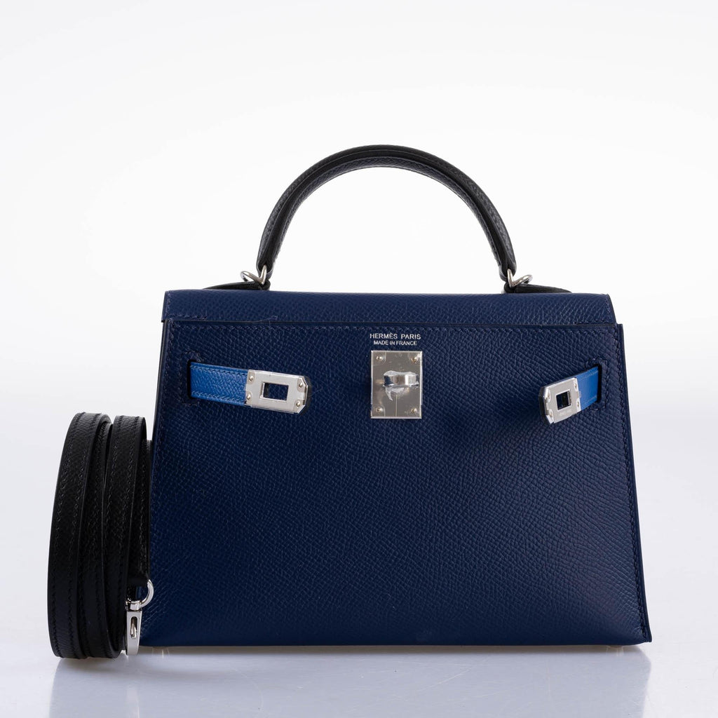 Hermes Kelly 20 Mini II Sellier Bleu Sapphire, Bleu France, Noire Epsom Palladium Hardware