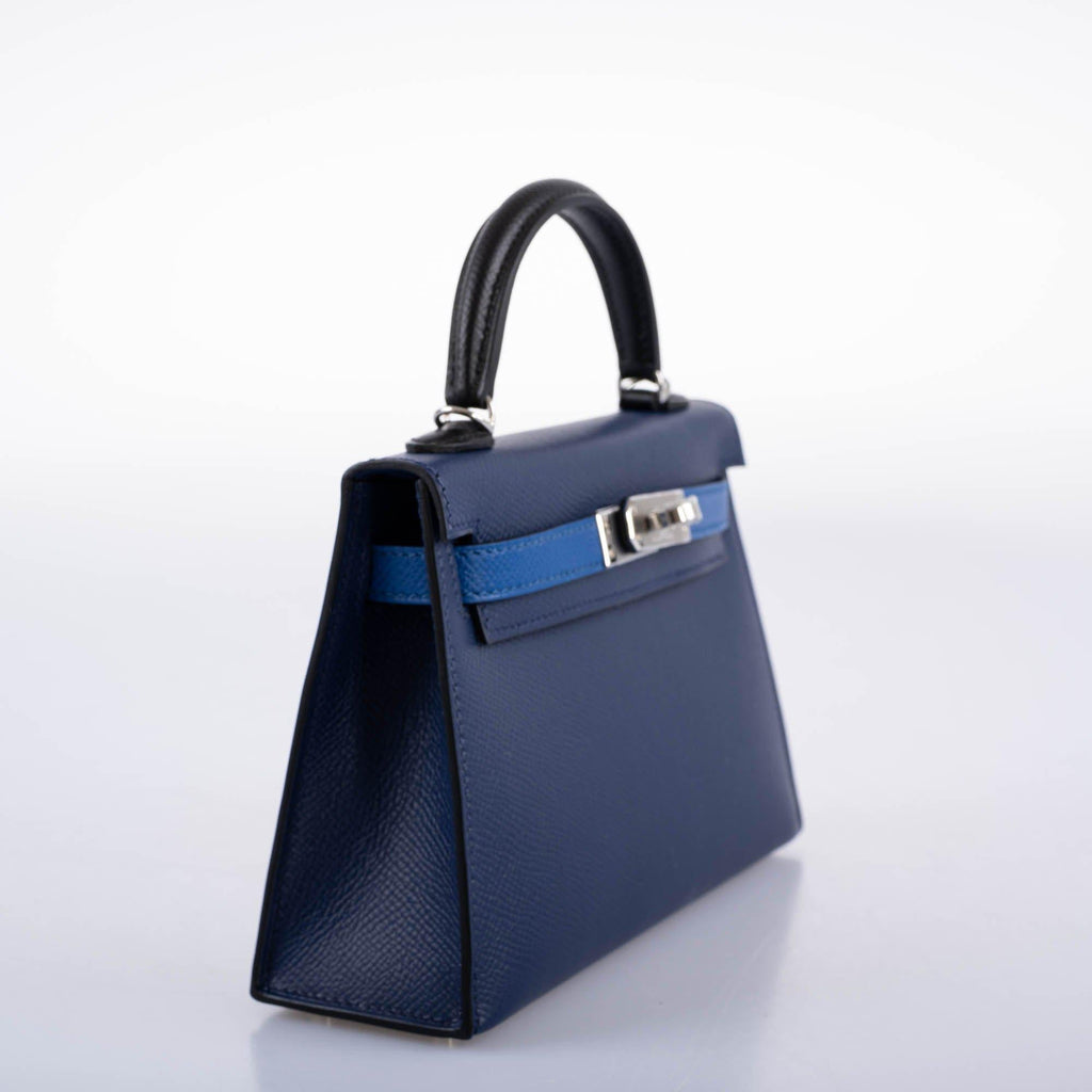 Hermes Kelly 20 Mini II Sellier Bleu Sapphire, Bleu France, Noire Epsom Palladium Hardware