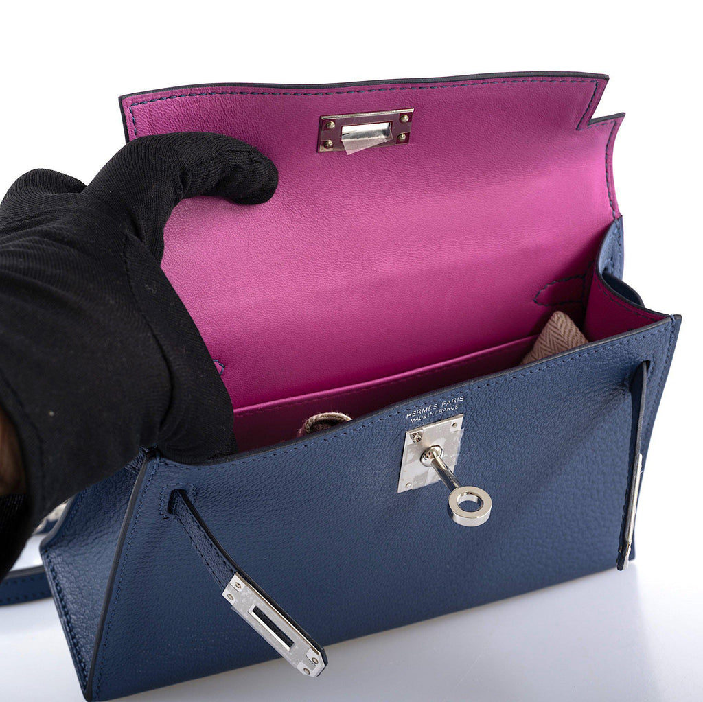 Hermes Kelly 20 Mini II Sellier Blue Brighton & Magnolia Chevre with Palladium Hardware