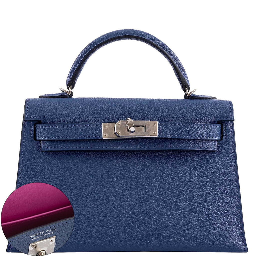 Hermes Kelly 20 Mini II Sellier Blue Brighton & Magnolia Chevre with Palladium Hardware