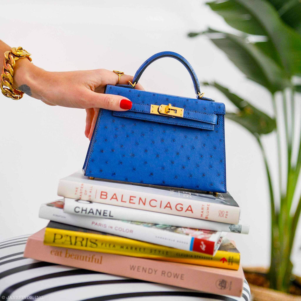 Hermes Kelly 20 Mini II Sellier Blue Sapphire Ostrich Gold Hardware