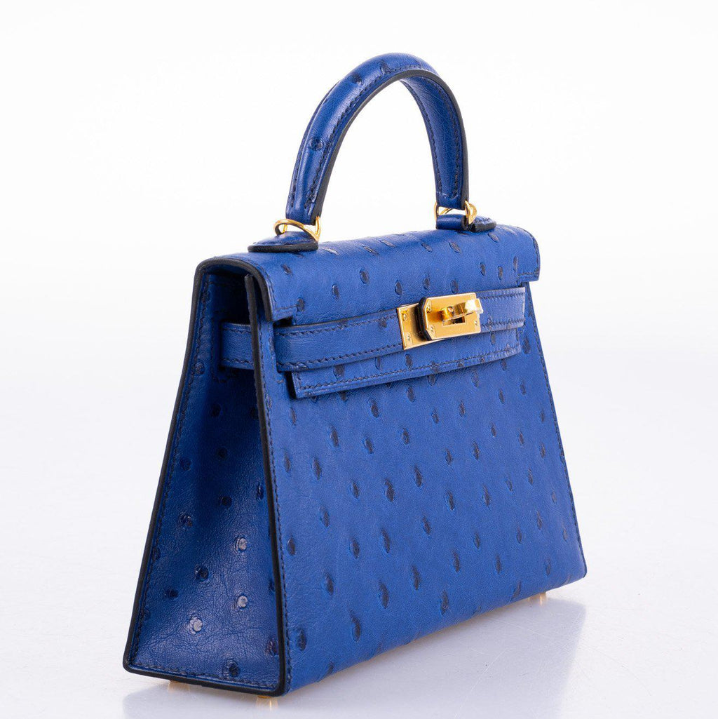 Hermes Kelly 20 Mini II Sellier Blue Sapphire Ostrich Gold Hardware