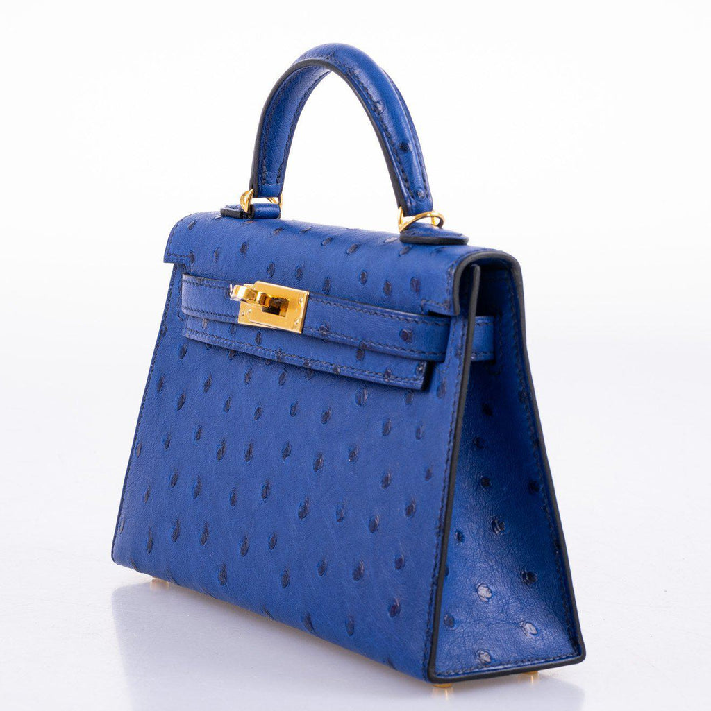 Hermes Kelly 20 Mini II Sellier Blue Sapphire Ostrich Gold Hardware