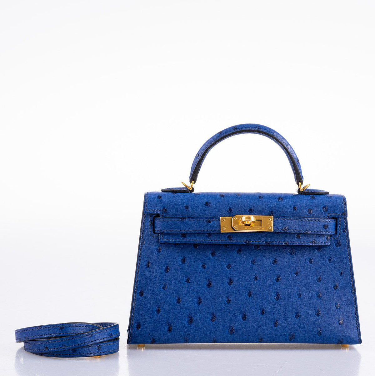 Hermes Kelly 20 Mini II Sellier Blue Sapphire Ostrich Gold Hardware