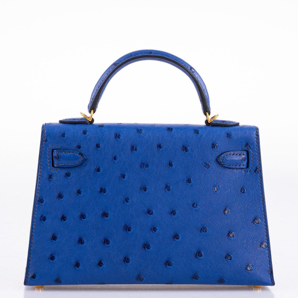Hermes Kelly 20 Mini II Sellier Blue Sapphire Ostrich Gold Hardware