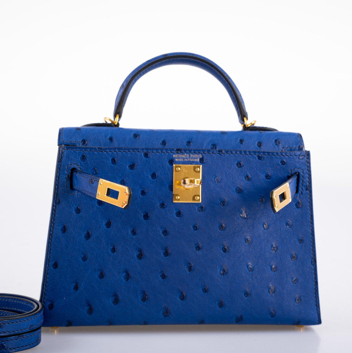 Hermes Kelly 20 Mini II Sellier Blue Sapphire Ostrich Gold Hardware