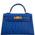Hermes Kelly 20 Mini II Sellier Blue Sapphire Ostrich Gold Hardware