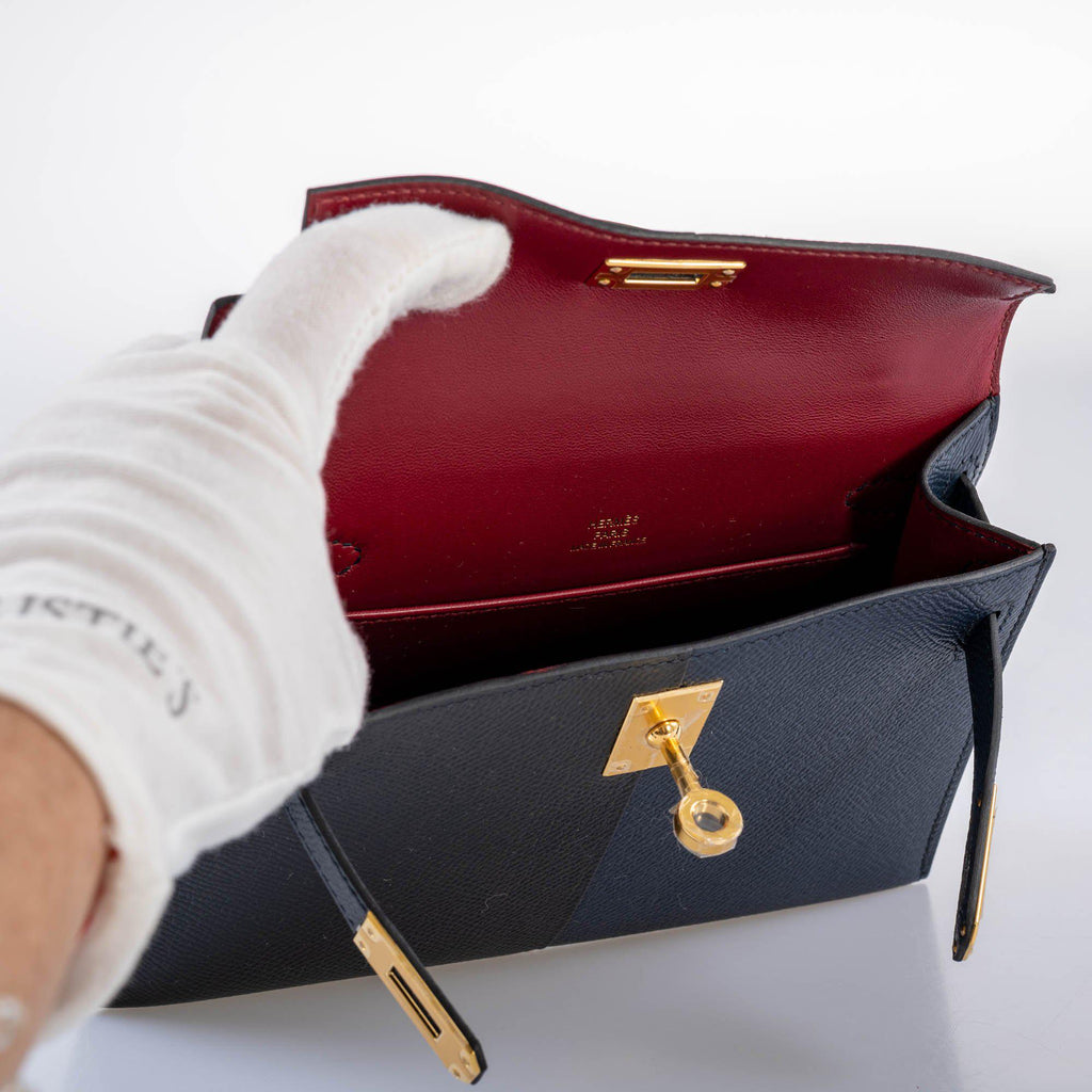 Hermes Kelly 20 Mini II Sellier "Casaque" style Black, Indigo & Rouge H Epsom with Gold Hardware