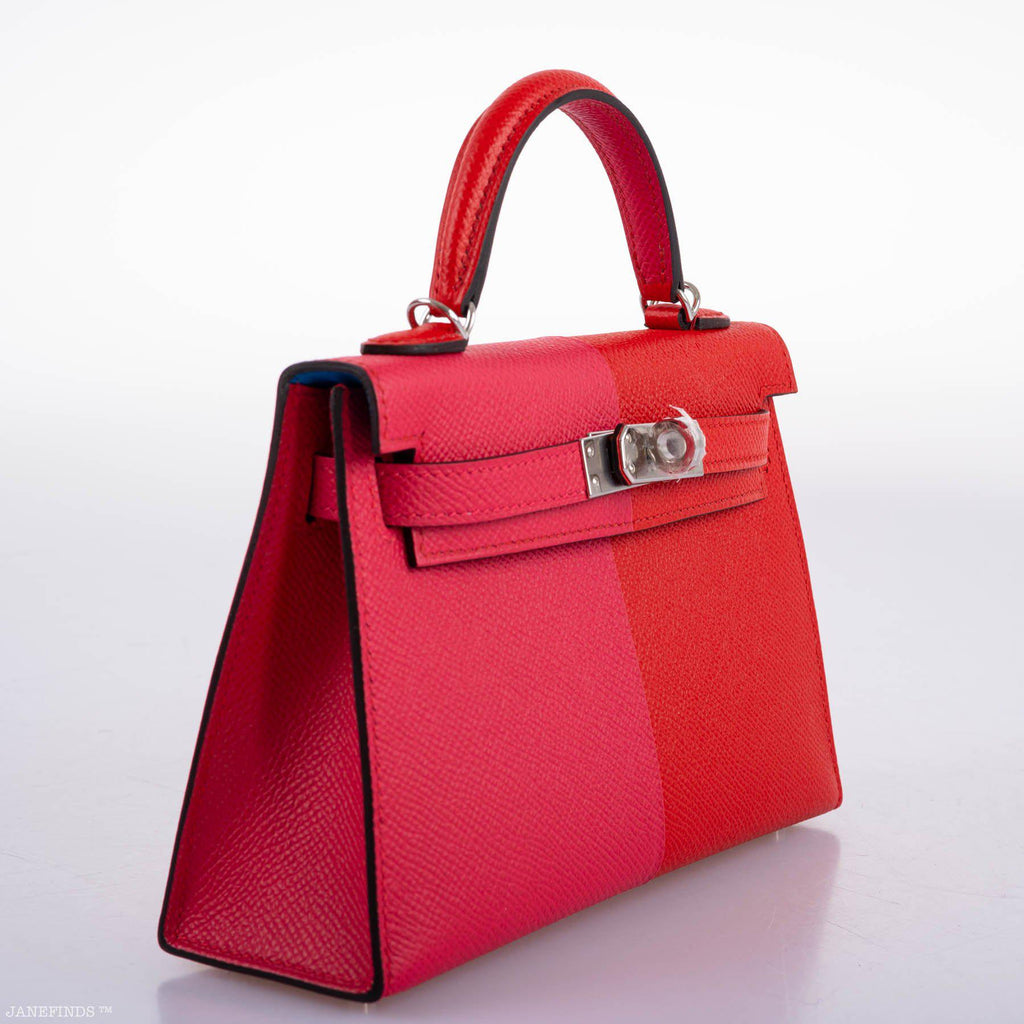 Hermes Kelly 20 Mini II Sellier Tri-color Rose Extreme, Rouge de Coeur, Bleu Zanzibar Epsom Palladium