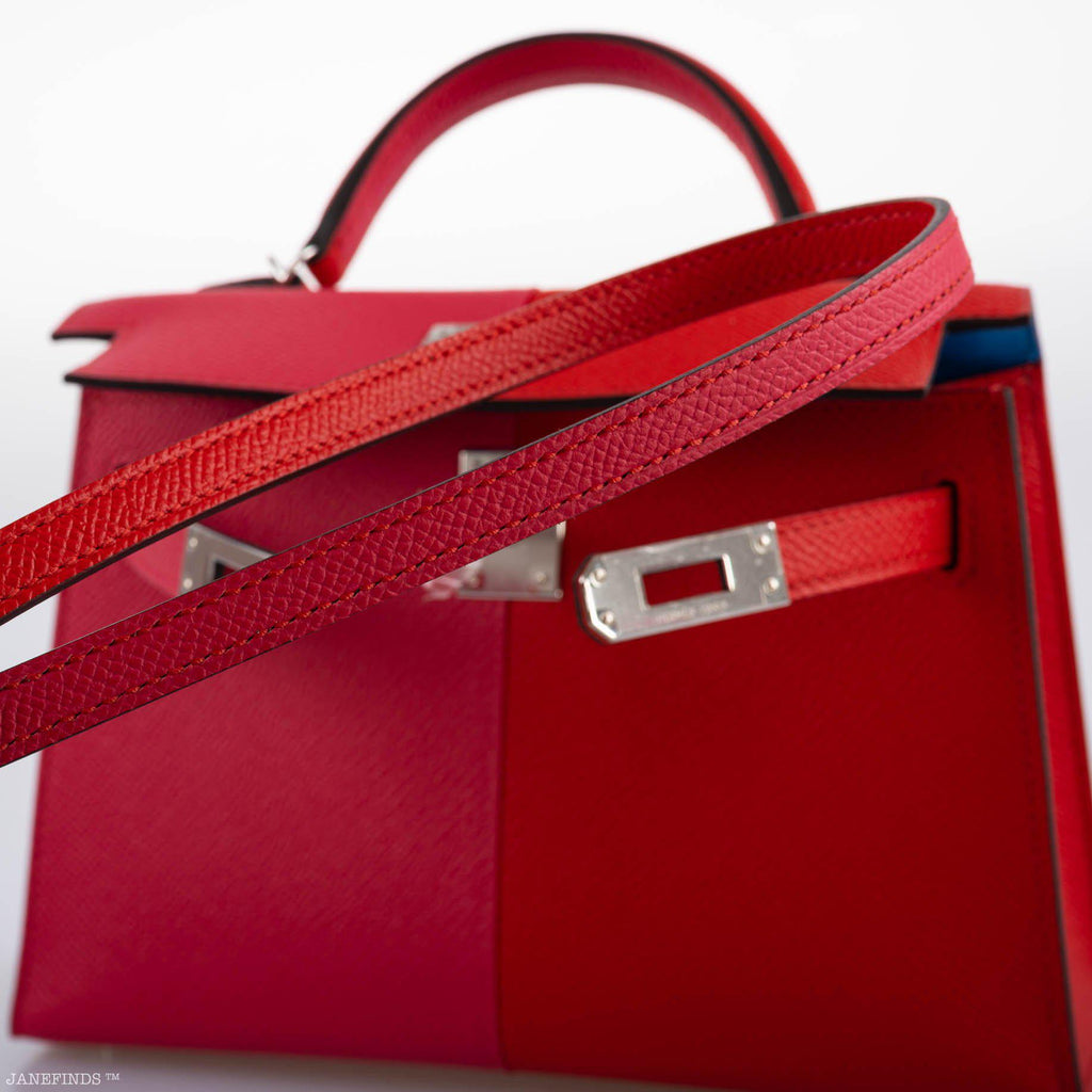 Hermes Kelly 20 Mini II Sellier Tri-color Rose Extreme, Rouge de Coeur, Bleu Zanzibar Epsom Palladium