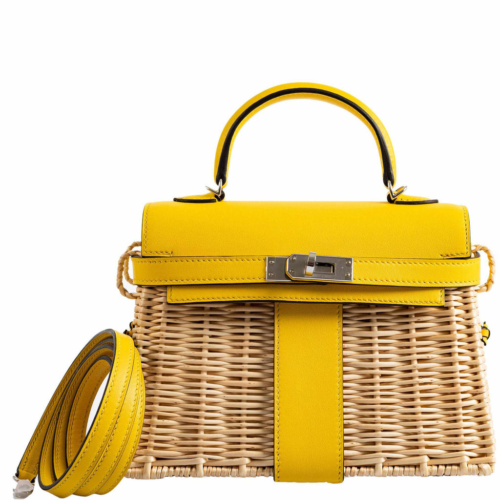 Hermes Kelly 20 Mini Picnic Jaune de Naples, Swift & Osier Wicker Palladium Hardware