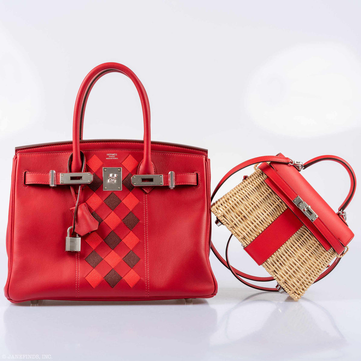 Hermes Kelly 20 Mini Picnic Rouge De Coeur, Swift & Osier Wicker Palladium Hardware