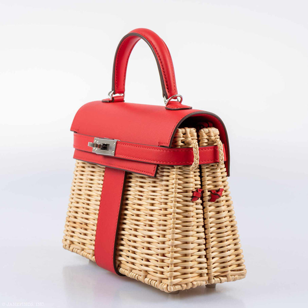 Hermes Kelly 20 Mini Picnic Rouge De Coeur, Swift & Osier Wicker Palladium Hardware