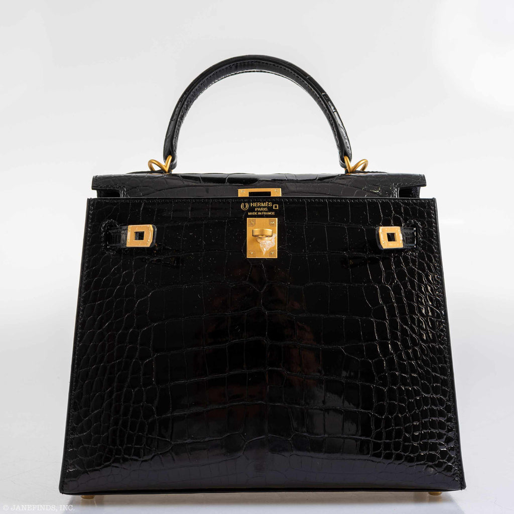 Hermes Kelly 25 HSS Sellier Black Shiny Alligator Brushed Gold Hardware