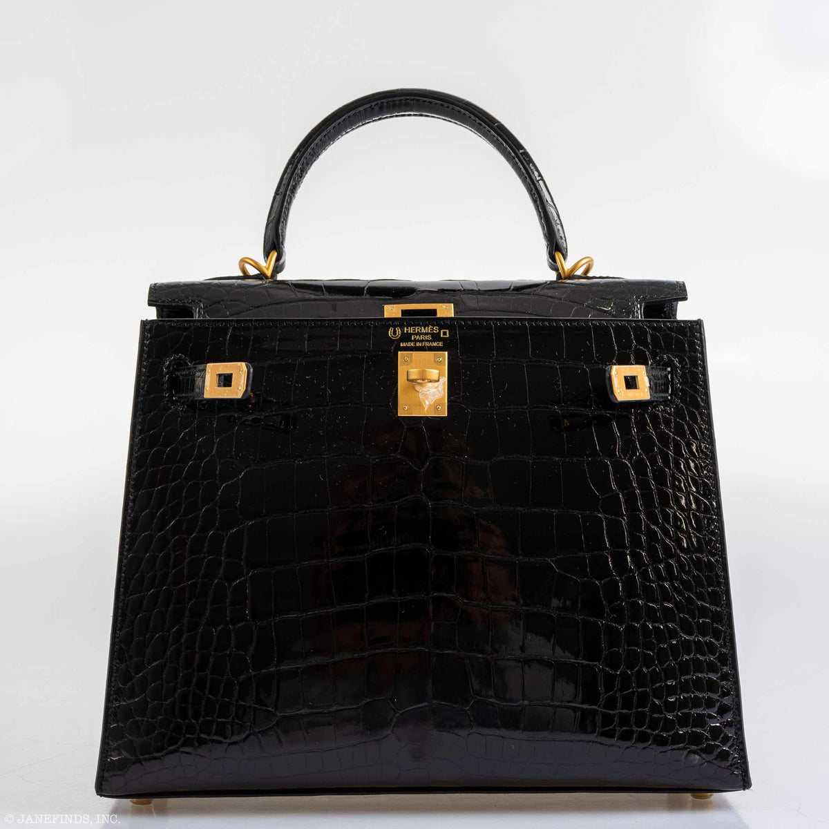 Hermes Kelly 25 HSS Sellier Black Shiny Alligator Brushed Gold Hardware