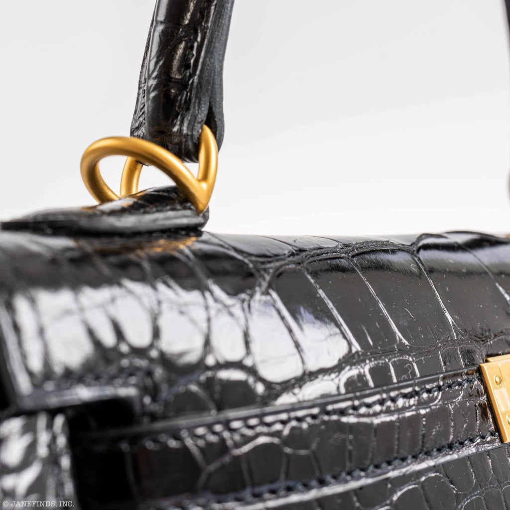Hermes Kelly 25 HSS Sellier Black Shiny Alligator Brushed Gold Hardware