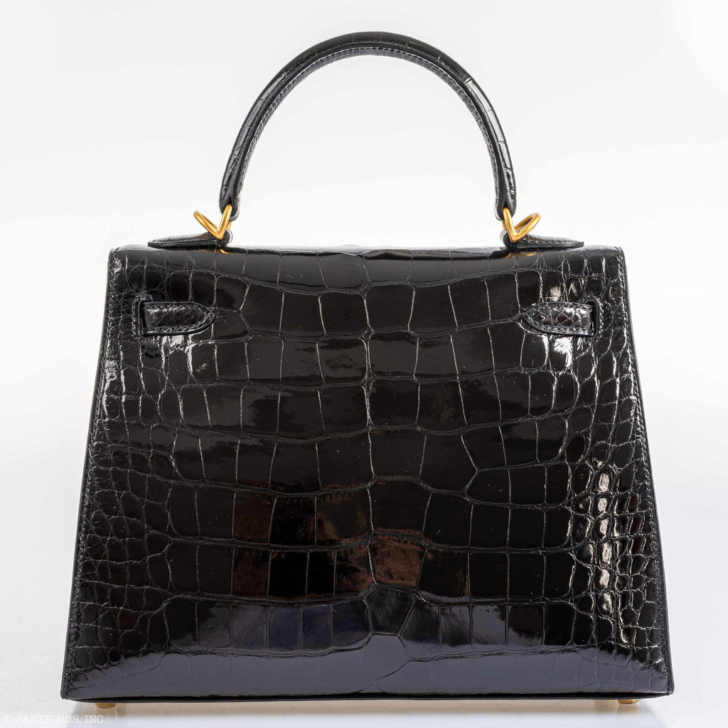 Hermes Kelly 25 HSS Sellier Black Shiny Alligator Brushed Gold Hardware