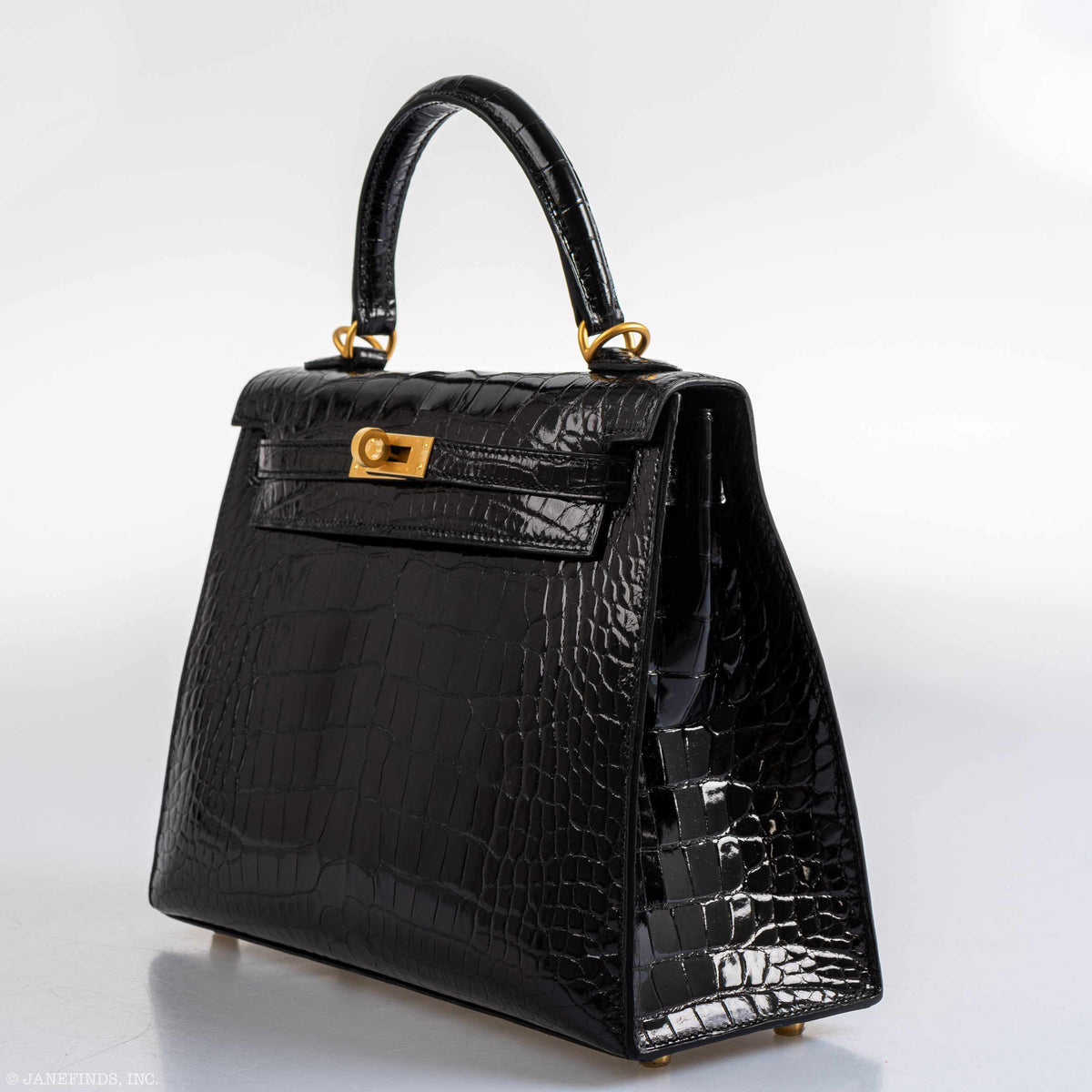 Hermes Kelly 25 HSS Sellier Black Shiny Alligator Brushed Gold Hardware
