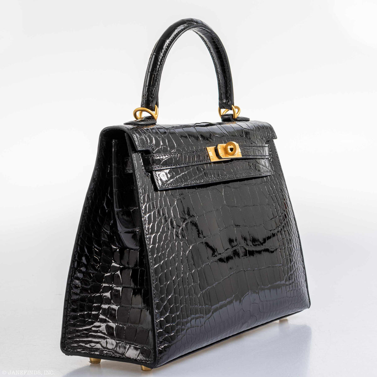Hermes Kelly 25 HSS Sellier Black Shiny Alligator Brushed Gold Hardware