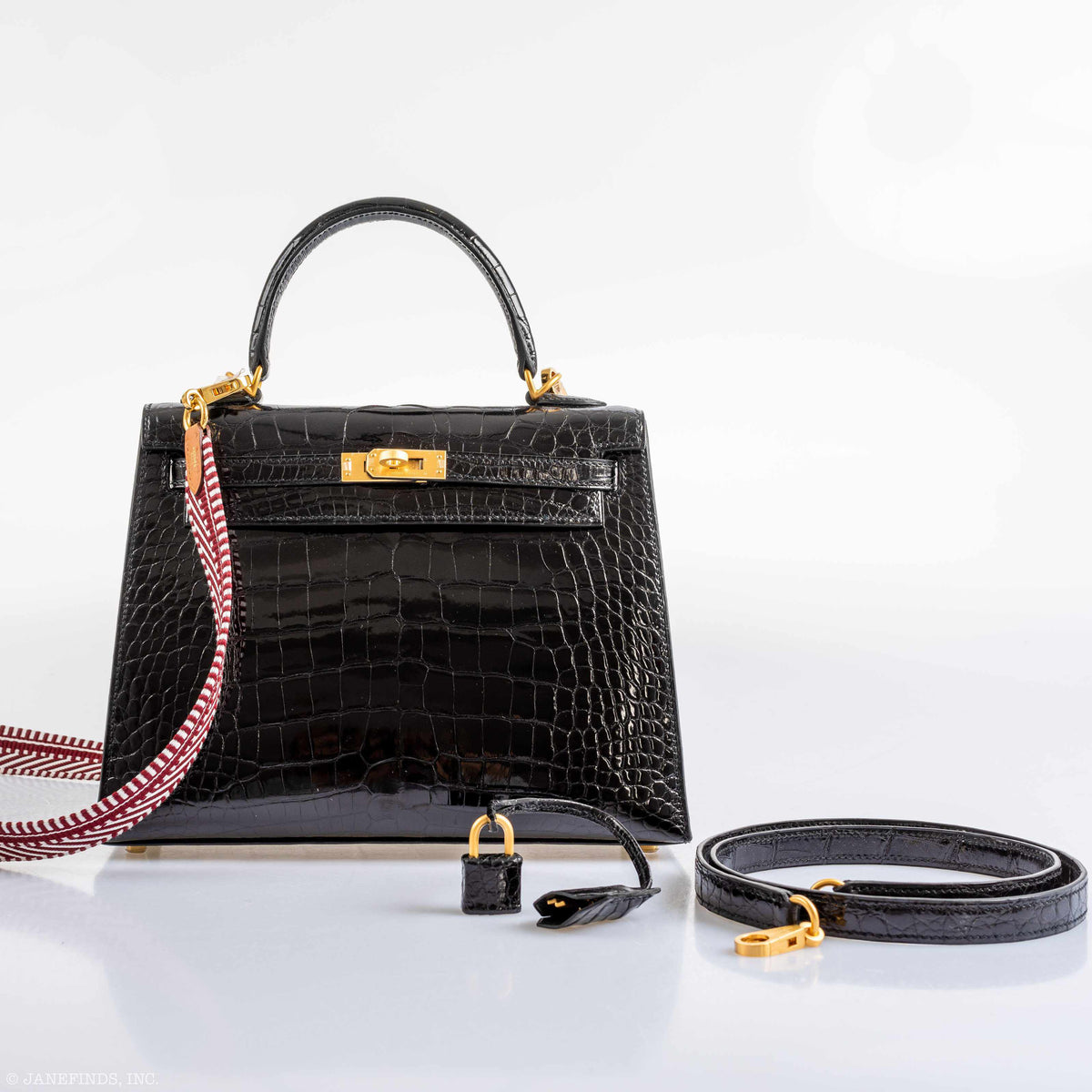 Hermes Kelly 25 HSS Sellier Black Shiny Alligator Brushed Gold Hardware