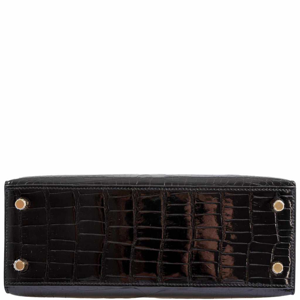 Hermes Kelly 25 HSS Sellier Black Shiny Alligator Brushed Gold Hardware