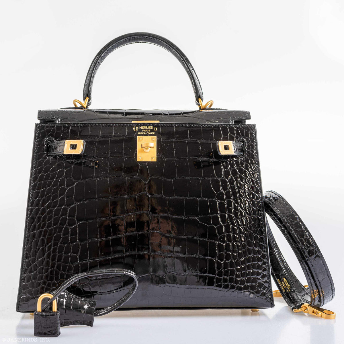 Hermes Kelly 25 HSS Sellier Black Shiny Alligator Brushed Gold Hardware