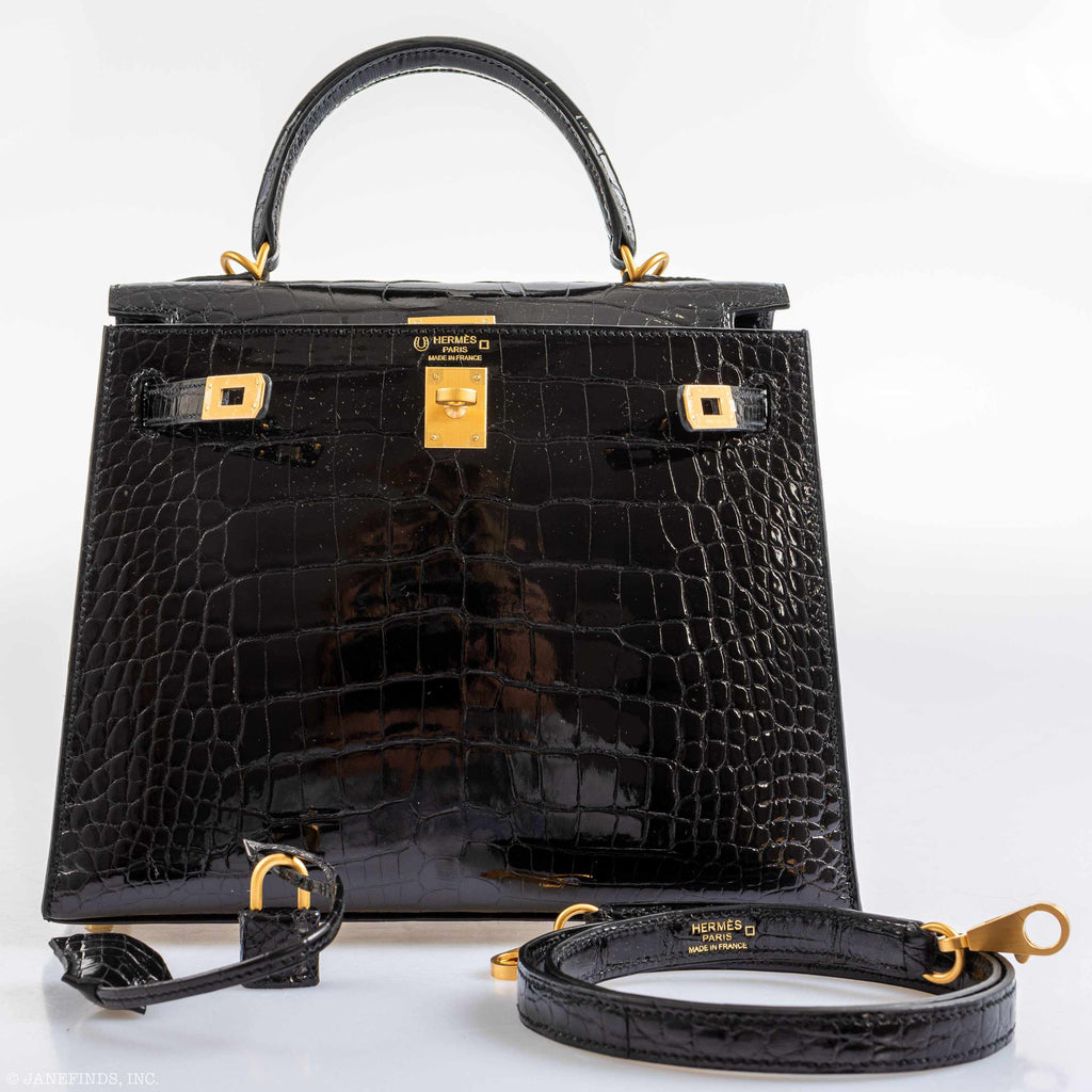 Hermes Kelly 25 HSS Sellier Black Shiny Alligator Brushed Gold Hardware