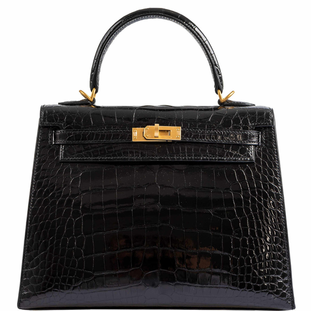 Hermes Kelly 25 HSS Sellier Black Shiny Alligator Brushed Gold Hardware